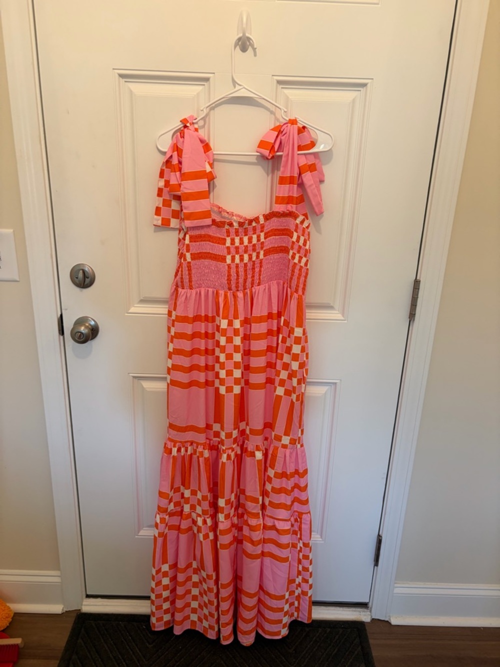 Pink & Orange Checkerboard Tie-Strap Maxi Dress